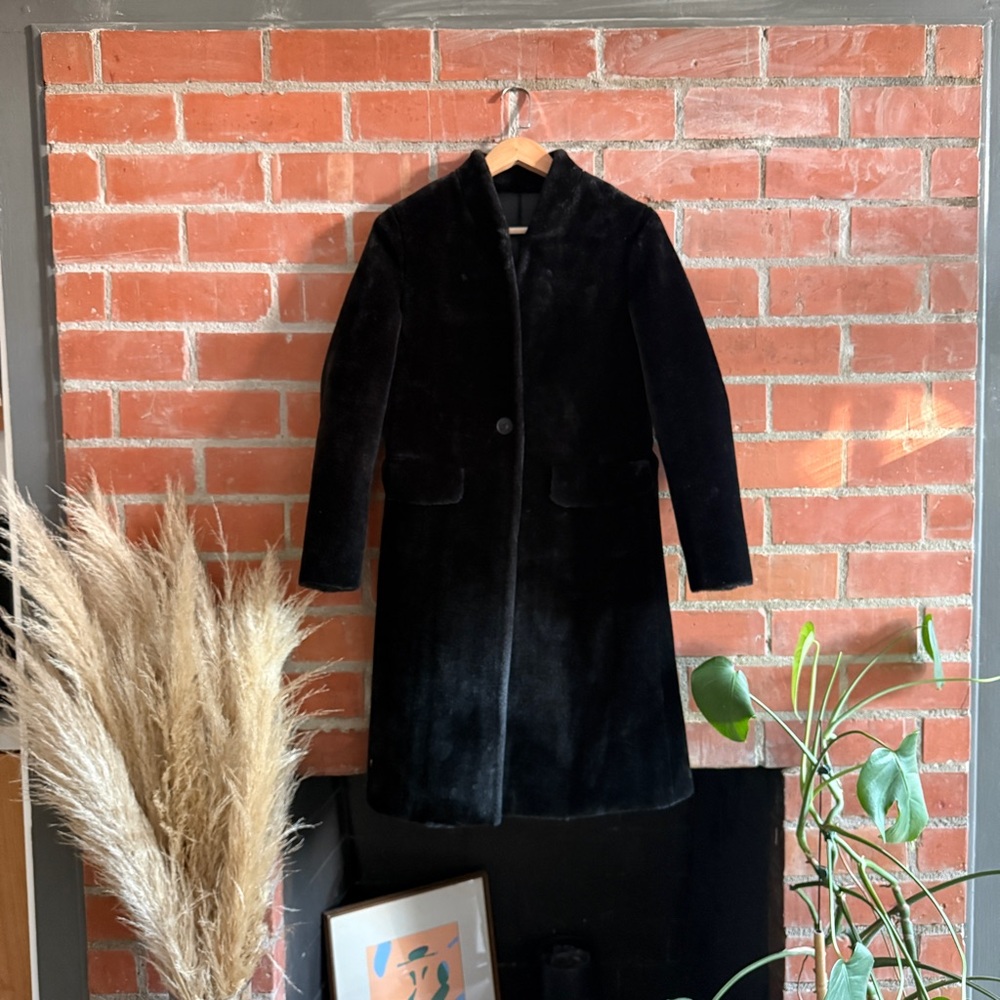 Zara Black Faux Fur Shearling Coat with faux leather interior High Neck medium - Picture 2 of 6